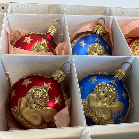 Vintage Cherub Glass Christmas Ornaments Set of 6 Blue And Red 2” - Picture 3 of 14